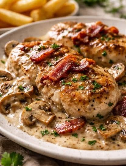 Pork Tenderloin in a Creamy Ham and Mushroom Sauce