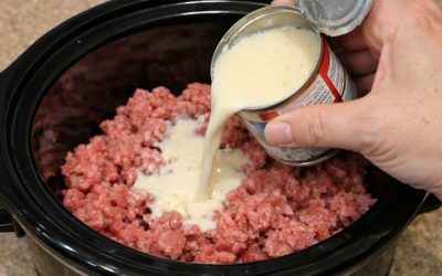 Pour canned evaporated milk over raw ground beef, alongside 3 ingredients, into slow cooker for a simple meal that’s my default when I don’t know what to make